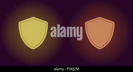 Neon icon of Yellow and Orange Network Shield. Vector illustration of Neon Shield consisting of neon outlines, with backlight on the dark background Stock Vector