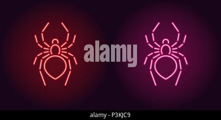 Neon icon of Red and Pink Spider. Vector illustration of Neon Spider consisting of neon outlines, with backlight on the dark background Stock Vector