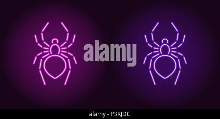 Neon icon of Purple and Violet Spider. Vector illustration of Neon Spider consisting of neon outlines, with backlight on the dark background Stock Vector