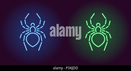 Neon icon of Blue and Green Spider. Vector illustration of Neon Spider consisting of neon outlines, with backlight on the dark background Stock Vector