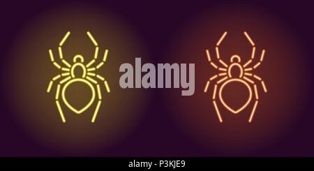 Neon icon of Yellow and Orange Spider. Vector illustration of Neon Spider consisting of neon outlines, with backlight on the dark background Stock Vector