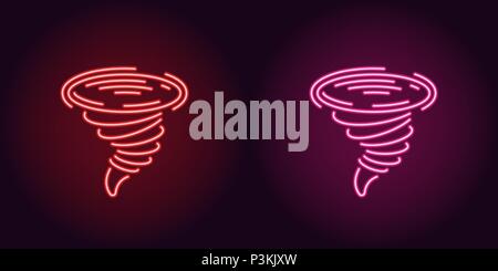 Neon icon of Red and Pink Tornado. Vector illustration of Neon Tornado consisting of neon outlines, with backlight on the dark background Stock Vector
