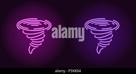 Neon icon of Purple and Violet Tornado. Vector illustration of Neon Tornado consisting of neon outlines, with backlight on the dark background Stock Vector