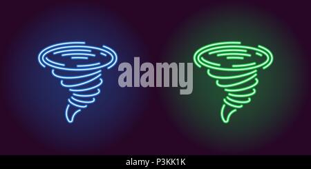 Neon icon of Blue and Green Tornado. Vector illustration of Neon Tornado consisting of neon outlines, with backlight on the dark background Stock Vector