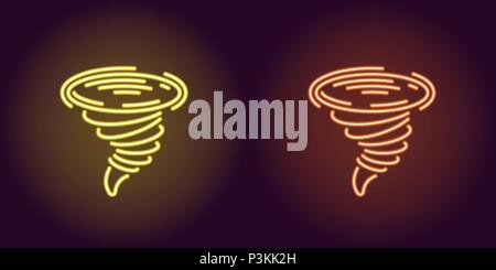 Neon icon of Yellow and Orange Tornado. Vector illustration of Neon Tornado consisting of neon outlines, with backlight on the dark background Stock Vector