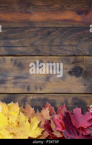 Composition of many yellowing fallen autumn leaves on a background surface of natural wooden boards of dark brown color Stock Photo