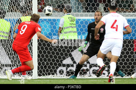 England's Harry Kane (left) scores his side's second goal of the game during the FIFA World Cup Group G match at The Volgograd Arena, Volgograd. Stock Photo