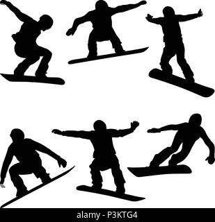 set athletes snowboarders black silhouette snowboard competition Stock Vector