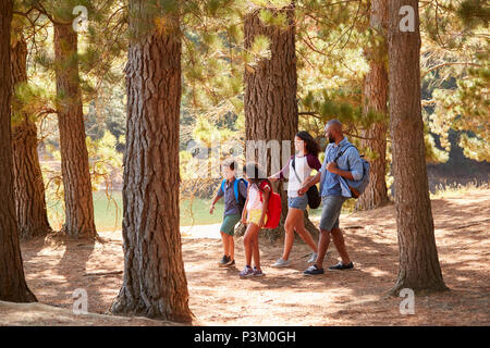 Family On Hiking Adventure Through Woods By Lake Stock Photo