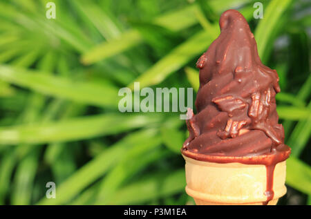 Melting Chocolate Dipped Soft Serve Ice Cream Cone with Blurred Green Bush in Background Stock Photo