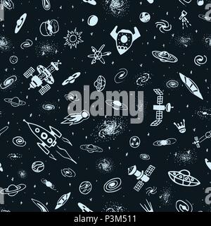 Vector seamless pattern of hand drawn doodle space object. Universe background Stock Vector