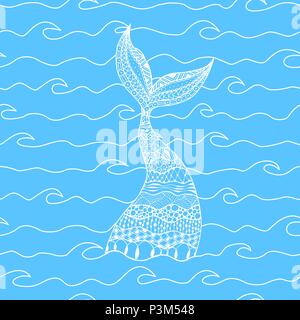 Vector seamless pattern of white line sea waves with doodle mermaid tail on blue background. Decorative mermaid tail background Stock Vector