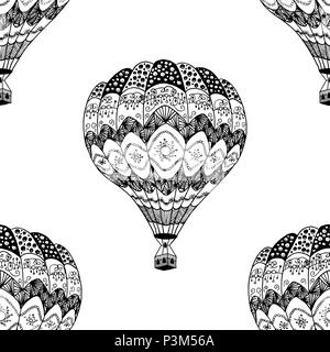 Vector seamless pattern of hot air balloon in zentangle style. Coloring page book anti stress. Black hand drawn hot air balloon on white background Stock Vector