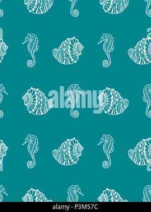 Vector seamless pattern from white seashell and seahorse on aquamarine background. Hand drawn sea shell and seahorse Stock Vector