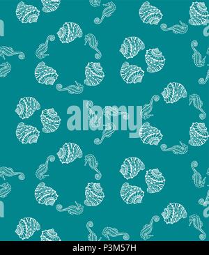Vector seamless pattern from white seashell and seahorse on aquamarine background. Sketch sea shell and seahorse background Stock Vector