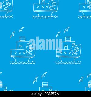 Vector seamless pattern of white cartoon ship with anchor and gull on blue background Stock Vector