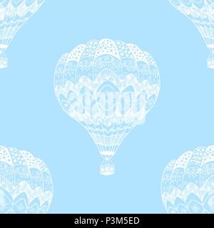 Vector seamless pattern of hot air balloon in zentangle style. White hand drawn hot air balloon on blue sky background Stock Vector