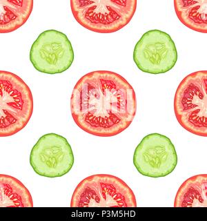Vector seamless pattern of tomato slices and cucumber slices on white background Stock Vector