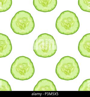 Vector seamless pattern of cucumber slice on white background Stock Vector