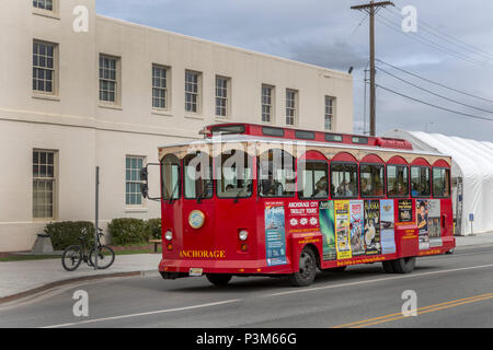 Alaska Railroad Station and Trolley Bus, Anchorage, Alaska, Friday, May 18, 2018 Stock Photo