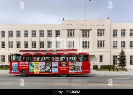 Alaska Railroad Station and Trolley Bus, Anchorage, Alaska, Friday, May 18, 2018 Stock Photo