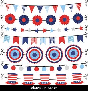 Set of bunting paper flags garlands. Party decorations, web banners in USA flag colors. Isolated vector illustrations, objects. Happy Independence day Stock Vector