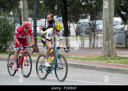 Slovenian cyclist Primoz Roglic and Russian cyclist Alexey Tsatevich attack in Montjuïc in the Tour of Catalonia . Tsatevich wins this final stage. Stock Photo