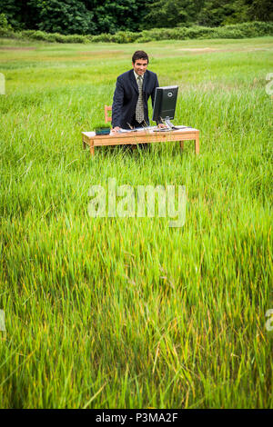 A businessman standing in a green field leaning on a desk with a computer on it. Green business concept. Stock Photo