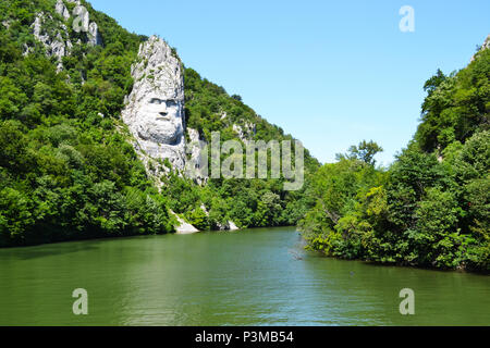 View towards the sculpure of Decebal, near the Danube river, in Eșelnița, Romania Stock Photo