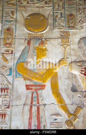 Colorfully painted bas relief carvings inside the Great Osiris Temple built by Pepi I, Abydos, Egypt. Stock Photo