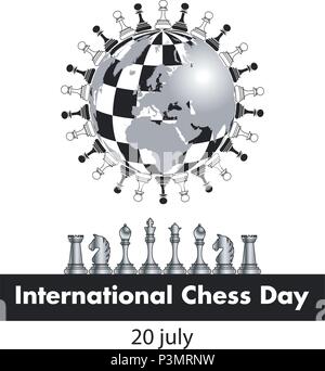 The International chess day is celebrated annually on July 20, Chess pieces are located on the globe stylized under a chessboard Stock Vector