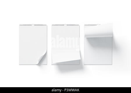 Blank white calendar mock up front view, curved corners set, isolated, 3d rendering. Empty almanac a3 mockup with metal spirals. Clear wall mounted menology template. Portrait vertical calender Stock Photo