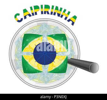 Caipirinha Cocktail Like Brazil Flag with black drinking straw. All the objects are in different layers and the text types do not need any font. Stock Vector