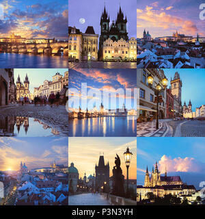 Beautiful Prague on a twilignt. Set of nine pictures with cityscapes, including Charles Bridge, St. Vitus Cathedral, main square and the riverside.