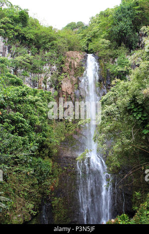 Dramatic Wailua Falls, an 80 foot waterfall cascading down a sheer cliff in a rainforest on Hana Highway, Hana, Maui, USA Stock Photo