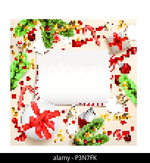 Frame with fir tree branches on light holiday background. Natural design elements. Festive background with gift boxes and place for text. Stock Vector