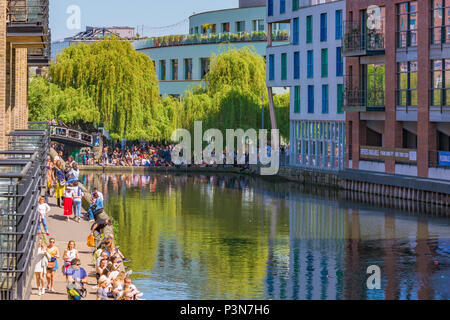 LONDON, UNITED KINGDOM - MAY 05: View of riverside architecture along the Regent's Canal in Camden on May 05, 2018 in London Stock Photo