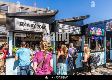 LONDON, UNITED KINGDOM - MAY 05: Food stalls at the Kerb in Camden market, the Kerb is famous for its street food on May 05, 2018 in London Stock Photo