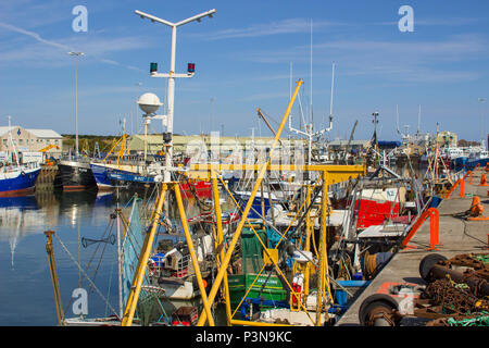 7 June 2018 Various colourful fishing trawlers tied up in the calm waters of Kilkeel Harbour in County Down Northern Ireland Stock Photo