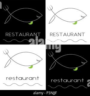 silhouette of a fish with a fork and knife fish minimalist restaurant logo Stock Vector