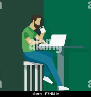 Vector illustration in flat style with business man character - guy sitting at the desk with laptop - start up, freelance and outsource work concept Stock Vector