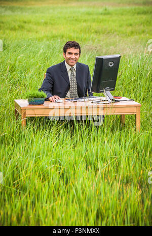 A businessman sitting at a desk in a green grassy field working on a computer. Green business concept. Stock Photo