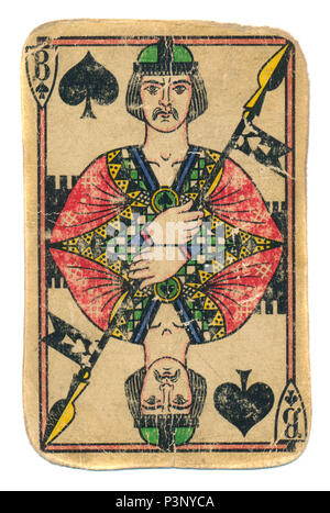 Old antique used playing card jack of spades isolated on white Stock Photo