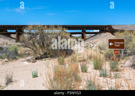 New Mexico, San Antonio, Bosque del Apache National Wildlife Refuge, Canyon National Recreation Trail, trailhead under railroad trestle Stock Photo