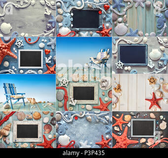 Set of twelve Summer background photos with sea shells, stones, rope and star fish on various textured backgrounds. Space for your text on each one. Stock Photo