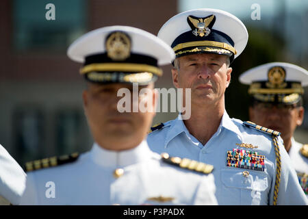 Capt. Matthew Gimple, Eleventh Coast Guard District Chief of Staff, awaits the transfer of U.S. Coast Guard Cutter Boutwell to the Philippine Navy July 21, 2016, during a cermony held at Coast Guard Base Alameda in Alameda, California.     The Boutwell is the third decommissioned Coast Guard cutter to be transferred to the Philippine Navy as part of the Excess Defense Articles program, which offers excess military equipment to U.S. allies in their modernization efforts. U.S. Coast Guard photo by Petty Officer 2nd Class Cory J. Mendenhall. Stock Photo