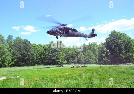 Soldiers attending the Infantryman Advanced Leader Course at the 183rd Regiment, Regional Training Institute assault an urban operations training site May 8, 2017, at Fort Pickett, Virginia. The course aims to teach infantry leaders the skills required to operate as platoon sergeants and focuses on a variety advanced of infantry leadership skills. The two-week course included approximately 40 Soldiers from both the active and reserve components. Stock Photo