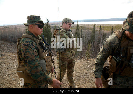 Marine Lance Cpl. John Luong, a radio chief with 5th Air Naval Gunfire Liaison Company, III Marine Expeditionary Force Headquarters Group, III Marine Expeditionary Force and Air Force Senior Airman Robert Brashear, a tactical air control party member with Detachment 1, 3rd Air Support Operations Squadron, wait for training to begin during exercise Northern Edge 17 at Fort Greely, Alaska, May 8, 2017. Northern Edge is Alaska’s largest and premier joint training exercise designed to practice operations, techniques and procedures as well as enhance interoperability among the services. Thousands o Stock Photo