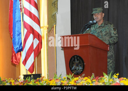 Armed Forces of the Philippines Lt. Gen. Oscar Lactao speaks during the Balikatan 2017 opening ceremony at Camp Aguinaldo, Quezon City, May 8, 2017. Lactao is the Philippine exercise director for Balikatan. Balikatan is an annual U.S.-Philippine bilateral military exercise focused on a variety of missions including humanitarian and disaster relief, counterterrorism, and other combined military operations. Stock Photo