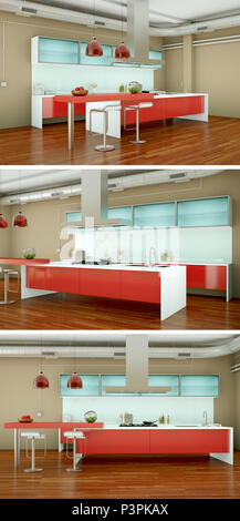 3d Illustration of three views of a modern kitchen with a beautiful design Stock Photo